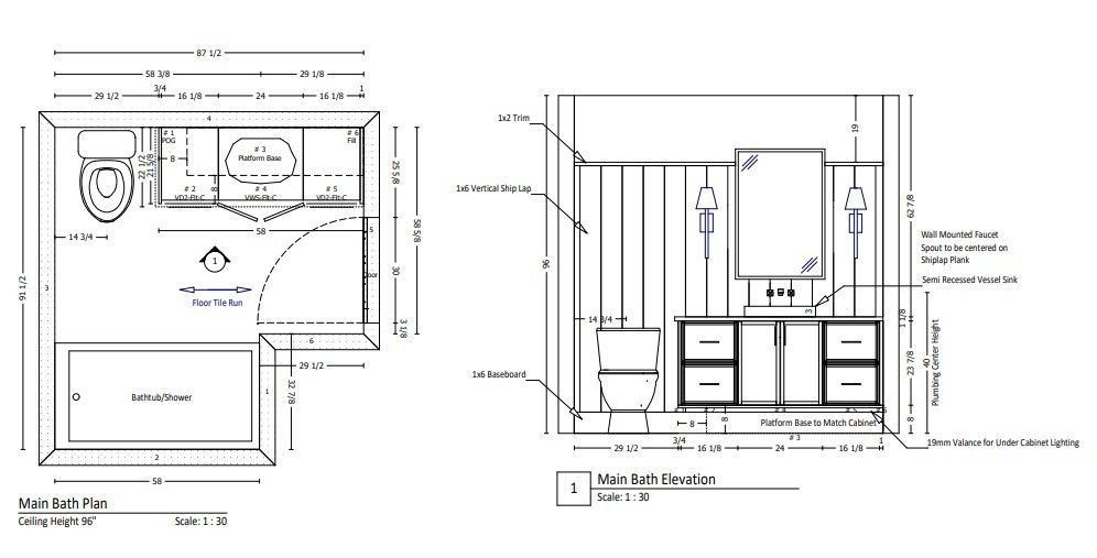 Arngask main bathroom - design plan and elevation - Durrad Design