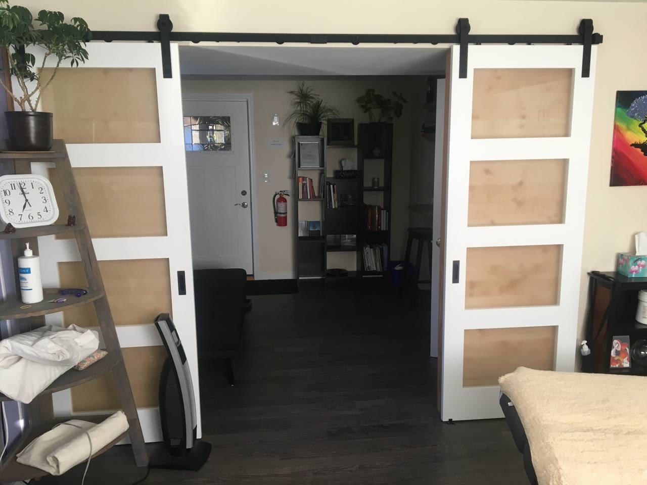 Barn doors and built-ins - after - open barn doors
