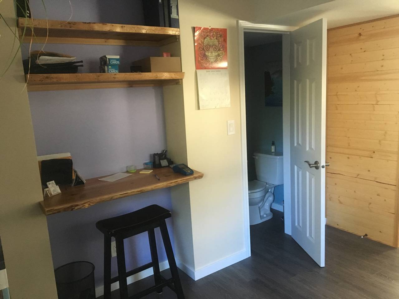 Custom built-in timber shelving and desk